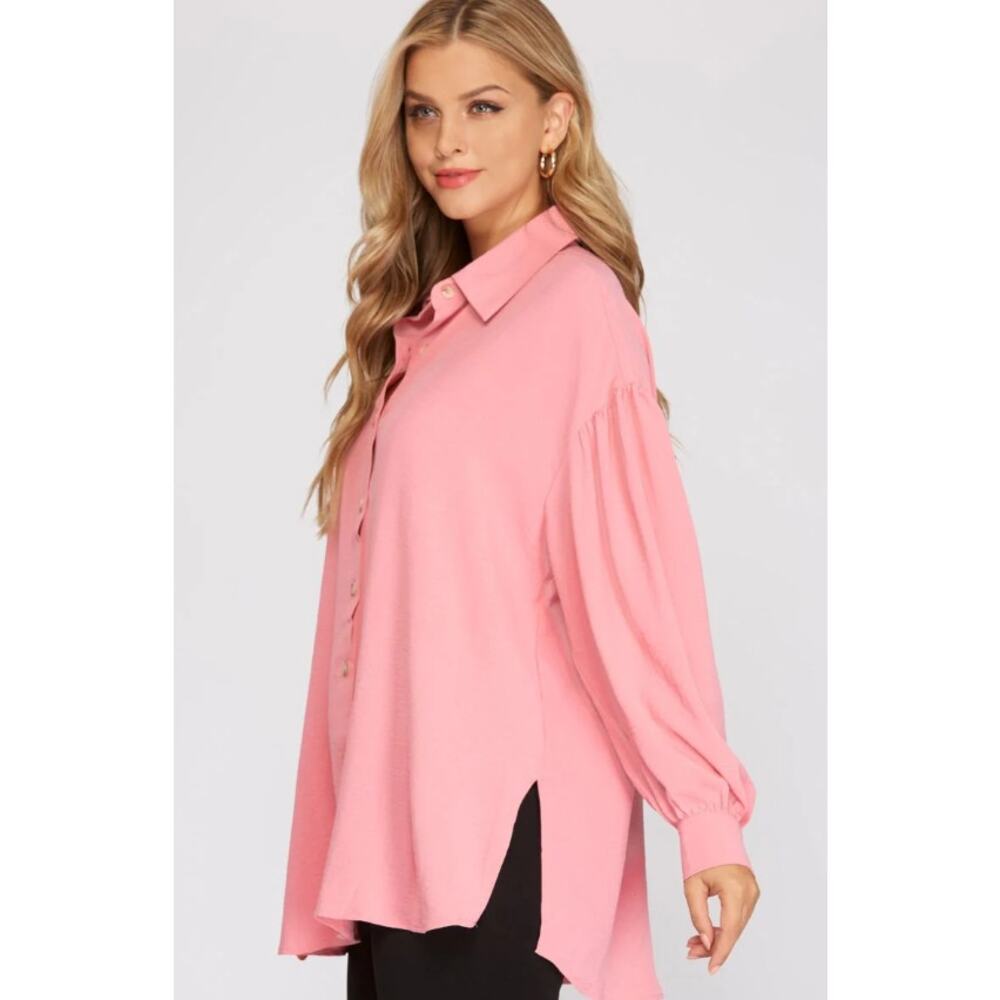 Rose Pink Button Down Blouse Balloon Sleeve Flowy Top Size Small - Picture 2 of 6